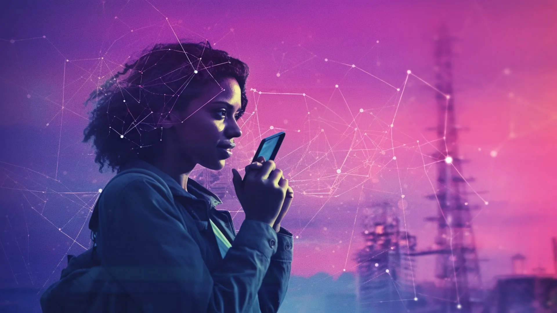 A woman speaking into her mobile phone, with a phone mast behind her