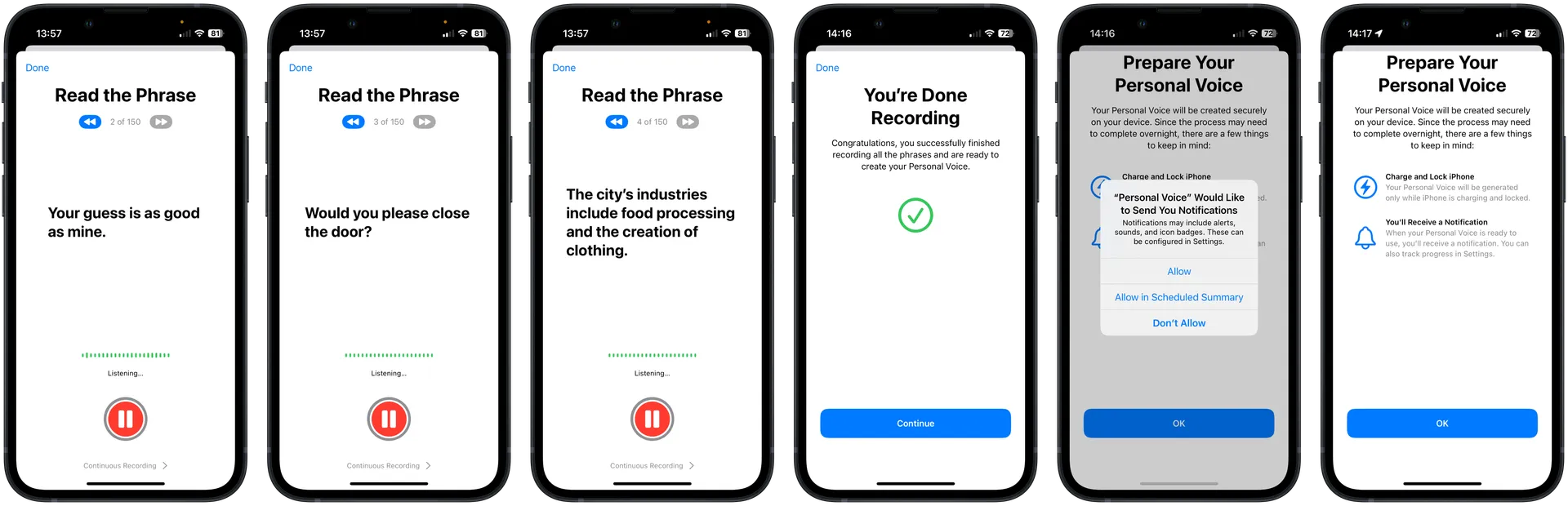 Completing Personal Voice setup with iOS 17