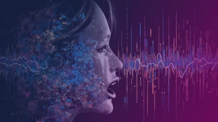 A digital face dissolving into sound waves